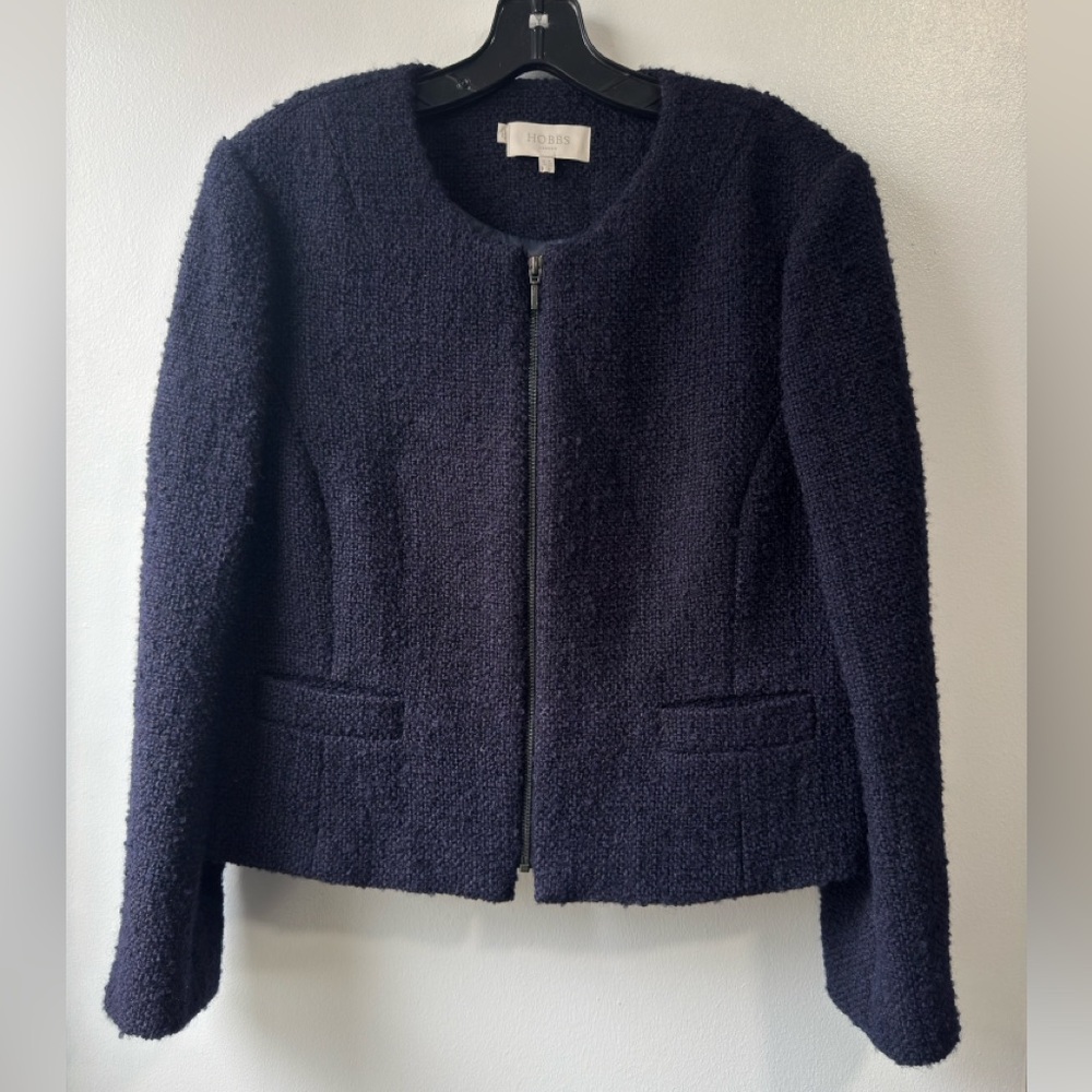 Hobbs London Navy Blue Tweed Jacket With Front Zipper Sz 12